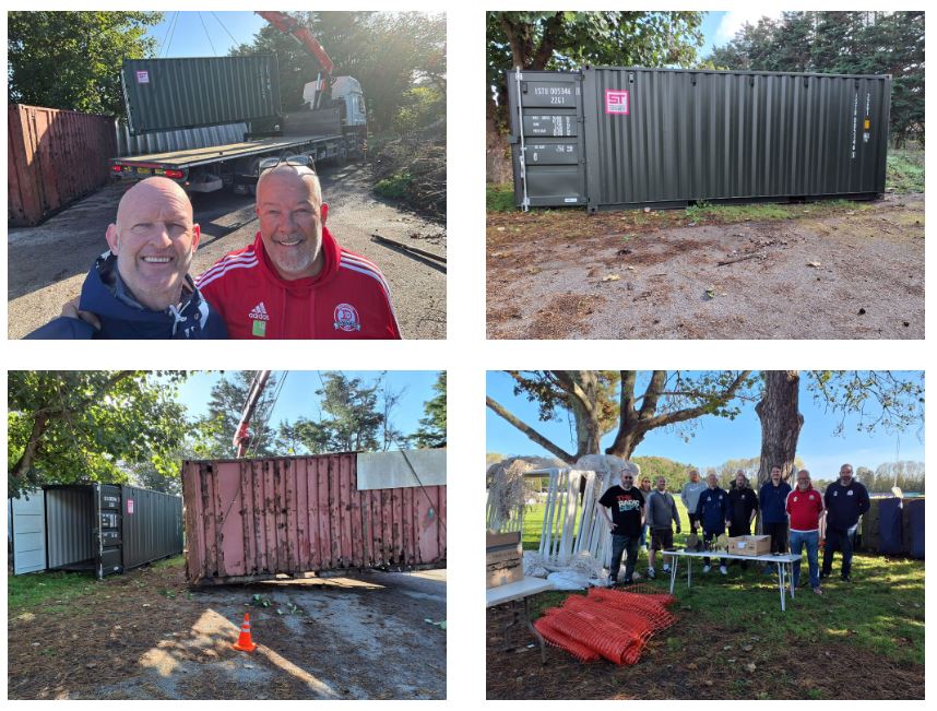 Four images of a Shipping Container being loaded into place, and an existing container being disposed of by ST Containers - all for Worthing Dynamos